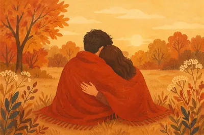 Romantic Autumn Couple Wrapped in Warm Blanket