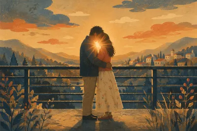 Golden Hour Couple Embrace on Bridge