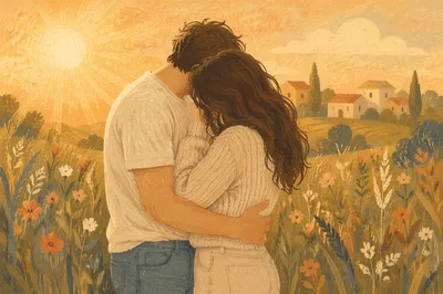 Romantic Couple Embrace at Golden Meadow