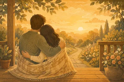 Golden Hour Couple Embrace on Porch