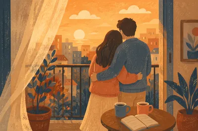 Warm Christian Couple Embrace on Balcony