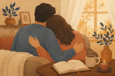 Prayerful Couple Embracing in Warm Home
