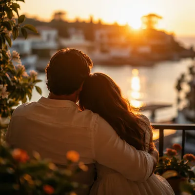 Romantic Couple Embracing at Golden Hour