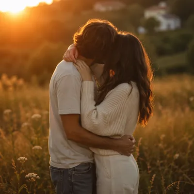 Romantic Couple Embrace at Golden Hour