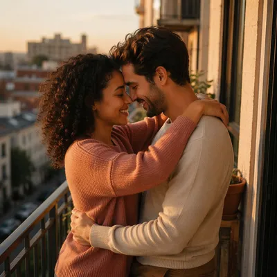 Young Couple Embracing on Balcony