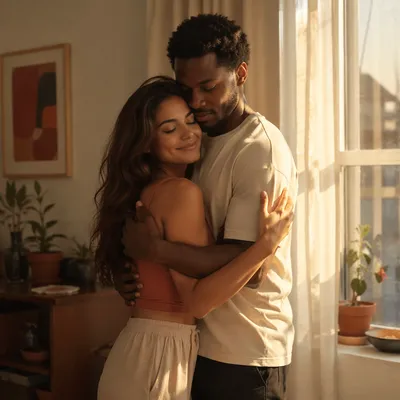 Young Couple Embracing by Sunlit Window