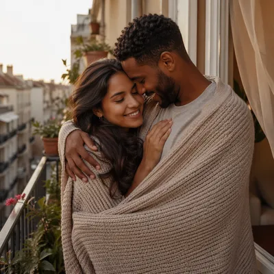 Young Couple Embracing on Balcony at Sunset