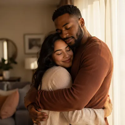 Couple Embracing by Sunlit Apartment Window