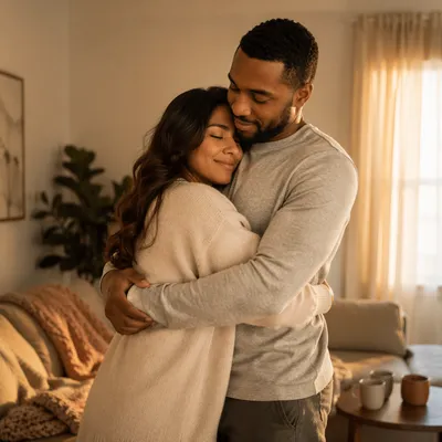 Couple Embracing in Warm Apartment Light