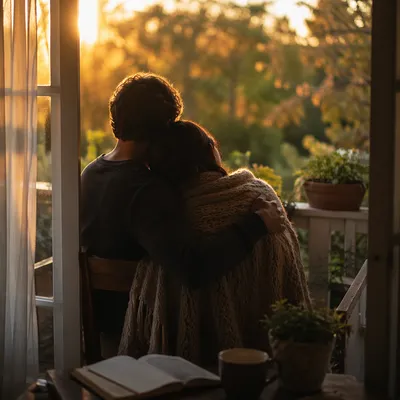 Golden Hour Couple Embrace on Porch