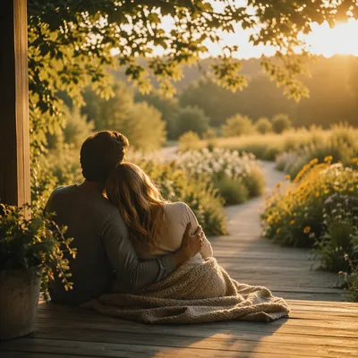 Golden Hour Couple Embrace on Porch