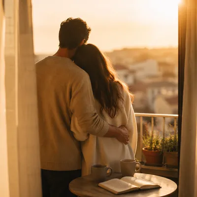 Golden Hour Balcony Embrace of Steadfast Love