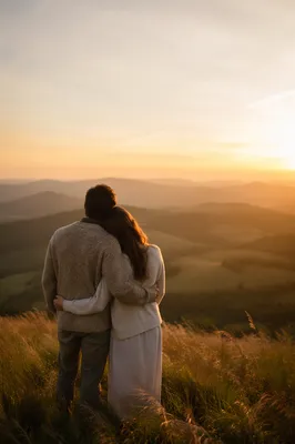 Couple Embrace at Golden Hour Hilltop