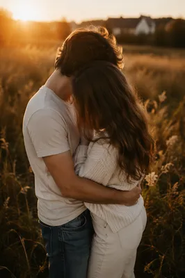 Romantic Couple Embrace in Golden Meadow