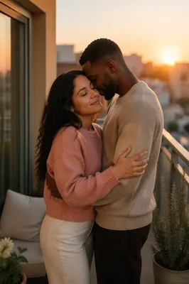 Young Couple Embracing on Balcony at Sunset