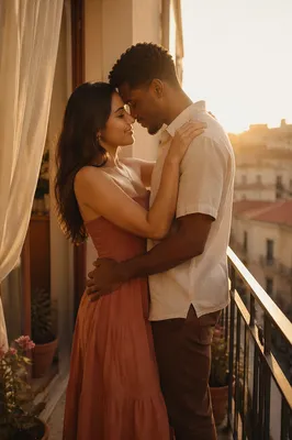 Young Couple Embracing on Balcony at Sunset