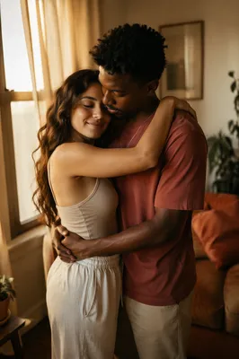 Young Couple Embracing by Sunlit Window