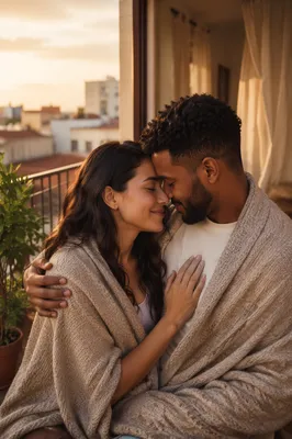 Interracial Couple Embracing on Balcony at Sunset