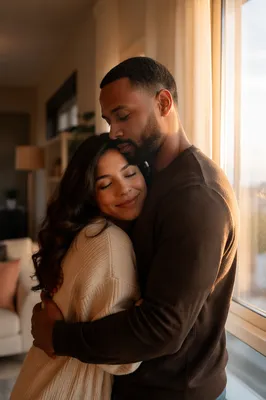 Loving Couple Embracing by Sunlit Window