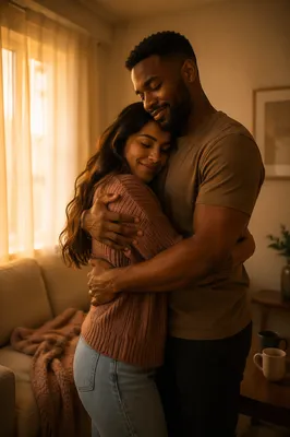 Romantic Couple Embracing in Warm Living Room