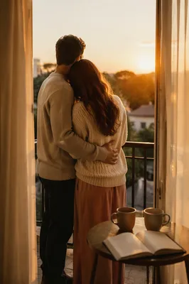 Golden Hour Couple Embrace on Balcony