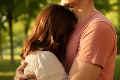 Warm Romantic Couple Embrace in Park