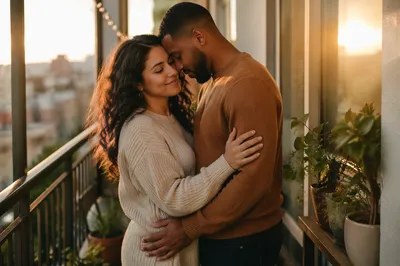 Young Couple Embracing on Balcony at Sunset