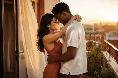 Young Couple Embracing on Balcony at Sunset