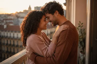 Young Couple Embracing on Balcony at Sunset