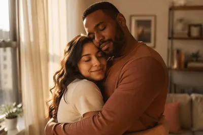 Couple Embracing by Sunlit Apartment Window