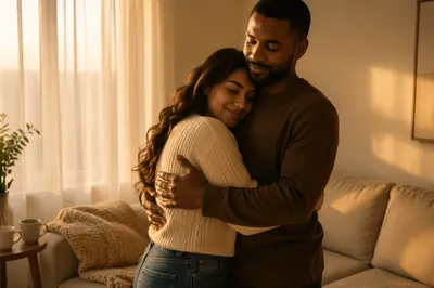 Loving Couple Embracing in Warm Living Room
