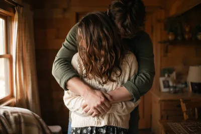 Warm Rustic Cabin Couple Embrace