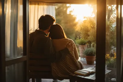 Golden Hour Couple Embrace on Porch