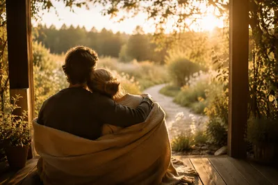 Golden Hour Couple Embrace on Peaceful Porch