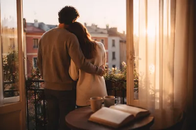 Golden Hour Couple Embrace on Balcony
