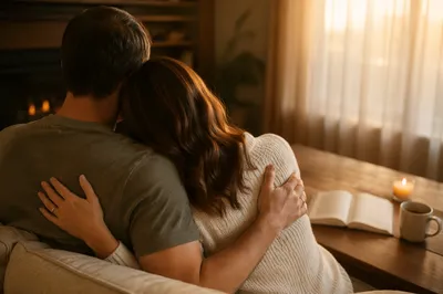 Prayerful Couple Embrace in Warm Living Room