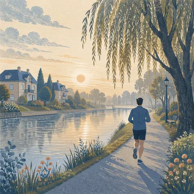 Morning Jogger Along Misty Canal Path
