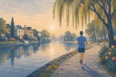 Morning Jogger Along Peaceful Canal Path