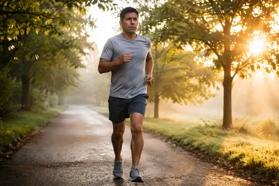 Man Jogging on Tree Lined Park Path