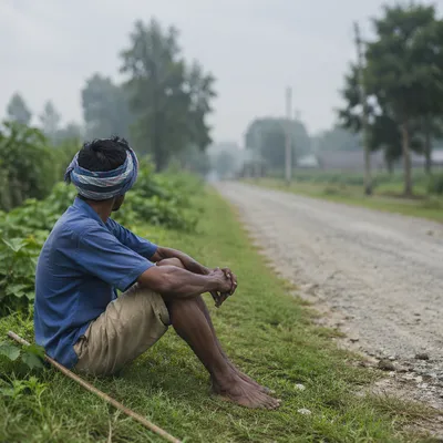 Reflective Man Beside Rural Gravel Road