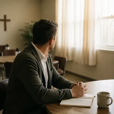 Thoughtful Man in Sunlit Community Room