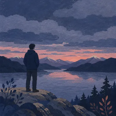 Solitary Man on Mountain Overlook at Twilight