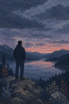 Solitary Man Overlooking Mountain Lake at Twilight