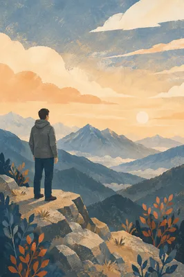 Solitary Man Reflecting at Mountain Overlook