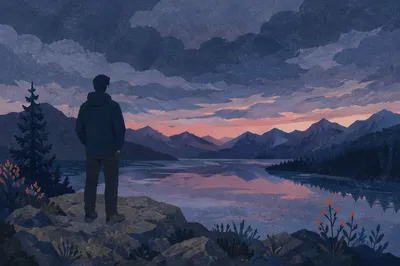 Solitary Man Overlooking Mountain Lake at Twilight