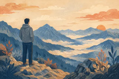 Man Contemplating Misty Mountain Overlook