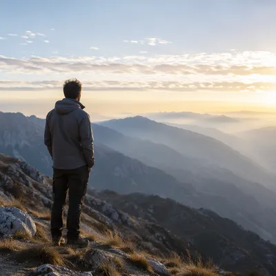 Solitary Man Overlooking Misty Mountain Valley