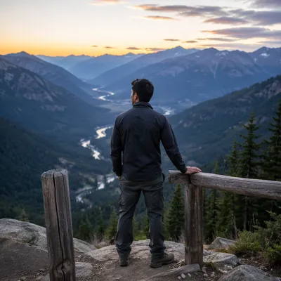 Contemplative Man at Mountain Sunrise Overlook