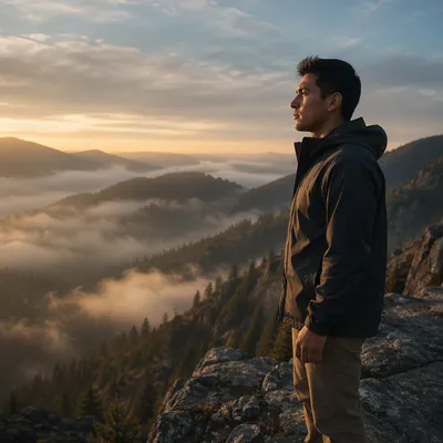 Solitary Man on Mountain Overlook at Dawn