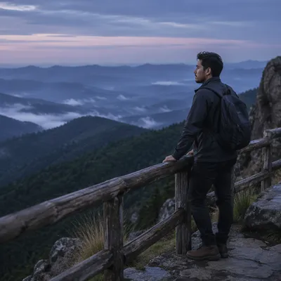 Solitary Man Overlooking Misty Mountain Valley